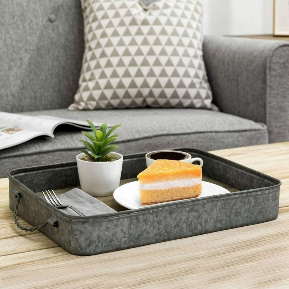 16.5 Inch Rustic Silver Galvanized Metal Tray
